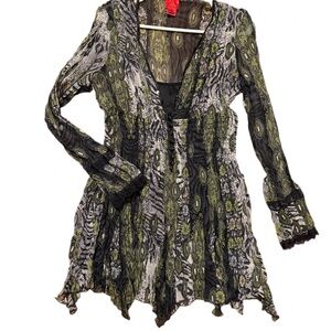 V Cristina Y2K Tunic Dress Sheer Paisley Whimsigoth Boho Lace Trim Mesh Button